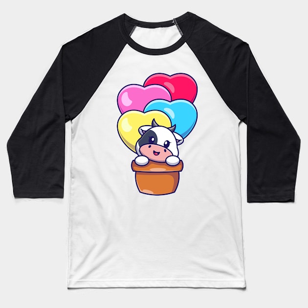 Cute cow flying with love balloon cartoon Baseball T-Shirt by Wawadzgnstuff